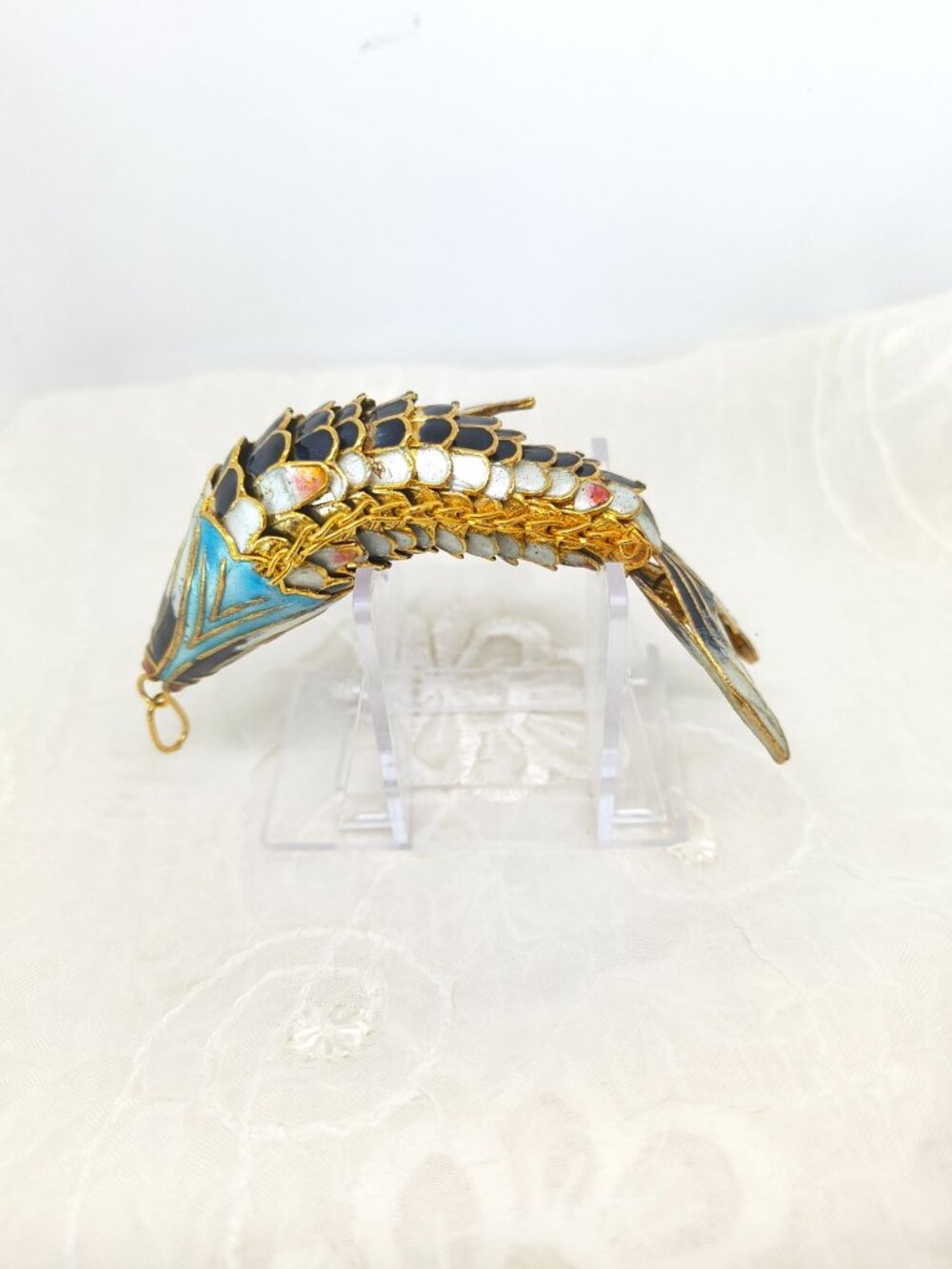 VTG Chinese Gilt Silver & Cloisonne Deep Blue Enamel Fish/Koi Pendant 4.5" LRG - Picture 5 of 11